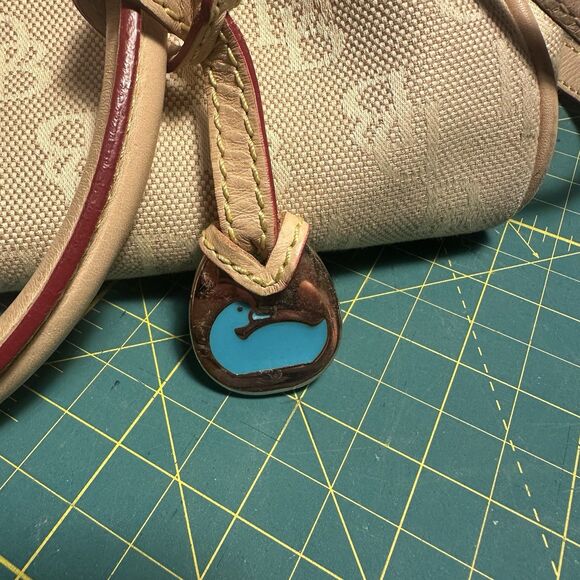 Dooney & Bourke  Medium Domed Tassel Fabric Satchel Handbag Tan Red Logo Print - Picture 2 of 14